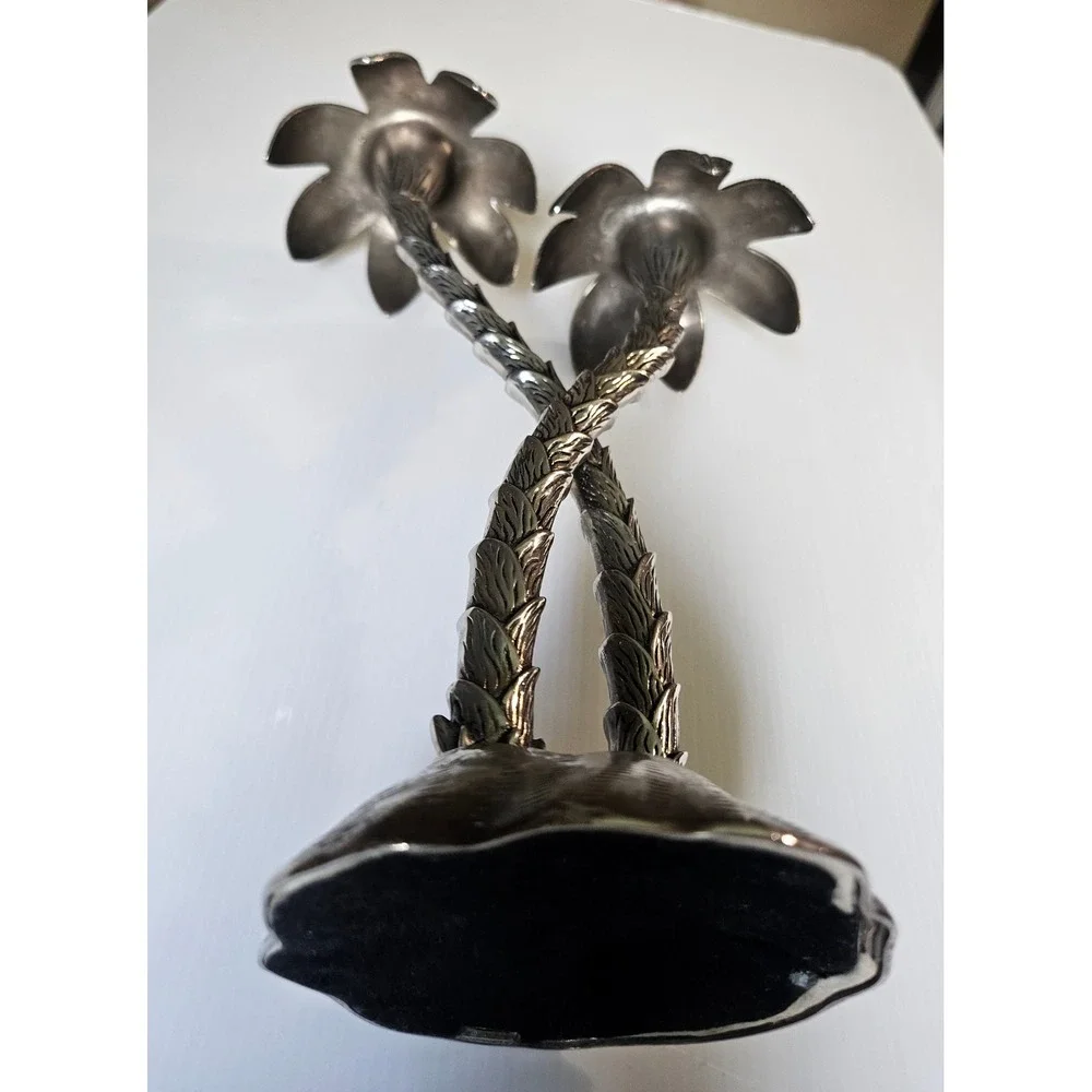 Vintage Silver‑Plated‎ Brass Palm Tree Candlestick Holder Tropical Decor